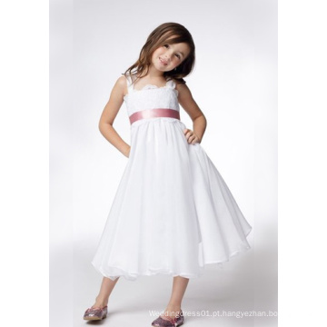 A linha de cintas largas chá-comprimento do laço tafetá fitas Flower Girl Dress